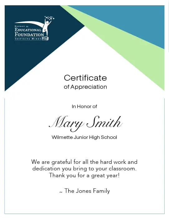 teacher appreciation certificate sample